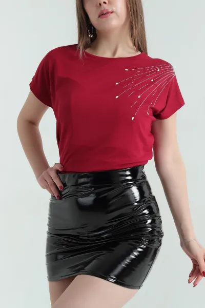 Bordo Taş İşlemeli Viskon Bluz 335897
