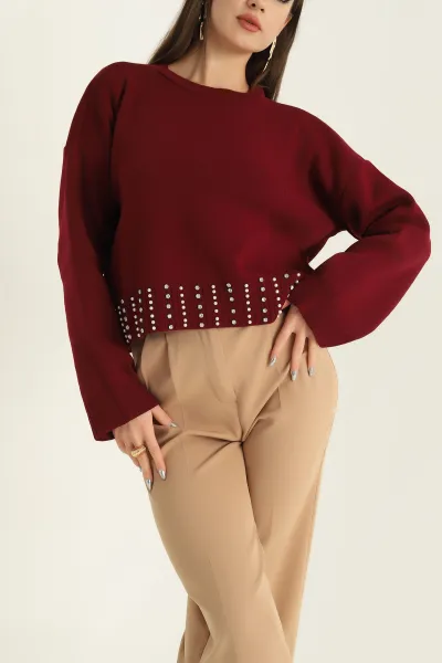 Bordo Taşlı Bayan Triko Kazak 321793