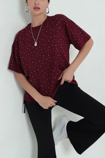 bordo-tasli-bisiklet-yaka-bayan-suprem-tisort-367887
