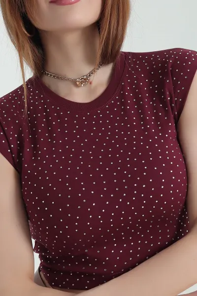 Bordo Taşlı Bisiklet Yaka Ribana Crop 354479
