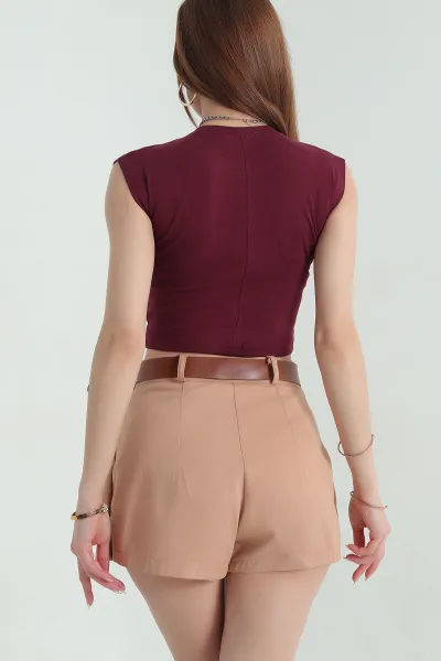 Bordo Taşlı Bisiklet Yaka Ribana Crop 354479