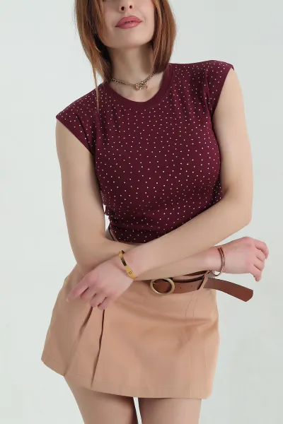 Bordo Taşlı Bisiklet Yaka Ribana Crop 354479