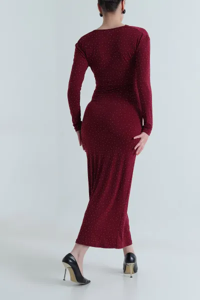 Bordo Taşlı Degaje Yaka Sandy Kadın Elbise 495001