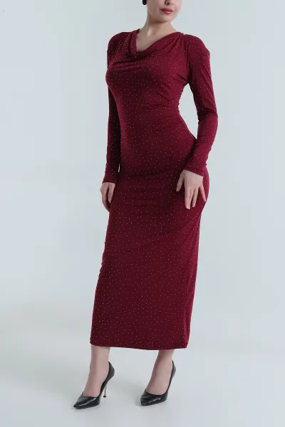 Bordo Taşlı Degaje Yaka Sandy Kadın Elbise 495001
