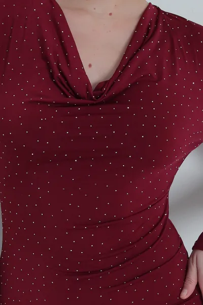 Bordo Taşlı Degaje Yaka Sandy Kadın Elbise 495001