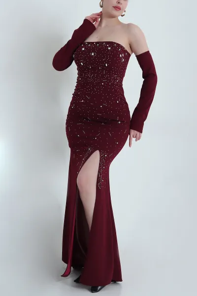 Bordo Taşlı Fermuarlı Kolluk Detay Straplez Krep Kadın Abiye 455609