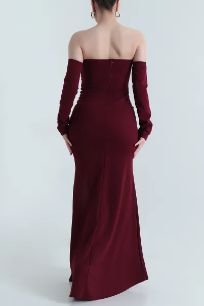 Bordo Taşlı Fermuarlı Kolluk Detay Straplez Krep Kadın Abiye 455609