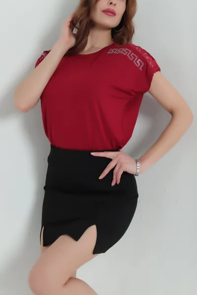 Bordo Taşlı Güpürlü Çilek Kumaş Bluz 334567
