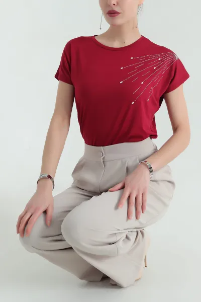 Bordo Taşlı İncili Çilek Kumaş Bluz 334534