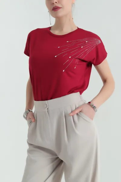 Bordo Taşlı İncili Çilek Kumaş Bluz 334534
