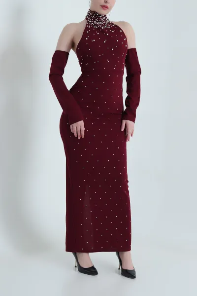 Bordo Taşlı İncili Likralı Kadın Crep Abiye 454123