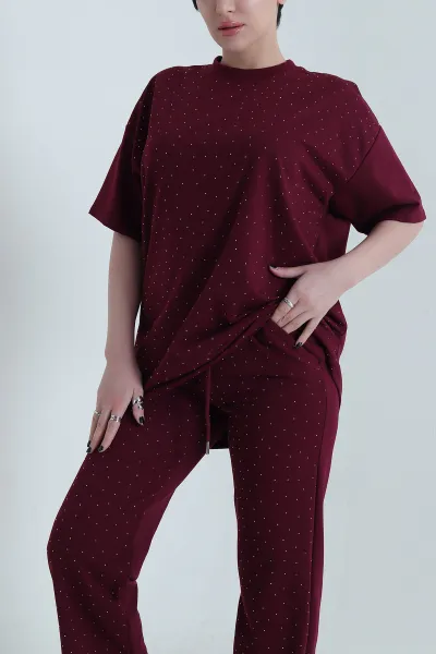 Bordo Taşlı Kristal Kadın İkili Takım 454523