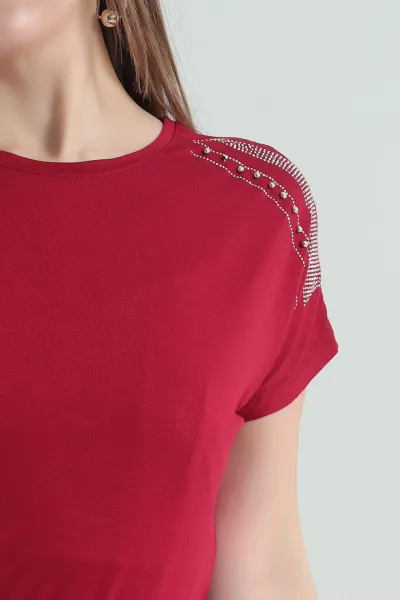 Bordo Taşlı Likralı Bisiklet Yaka Süprem Bluz 335882