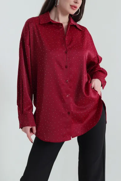 Bordo Taşlı Saten Kadın Gömlek 438265