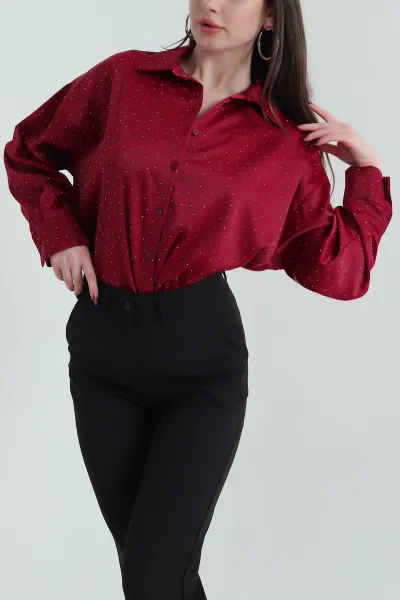 Bordo Taşlı Saten Kadın Gömlek 438265