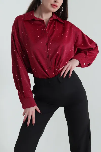Bordo Taşlı Saten Kadın Gömlek 438265