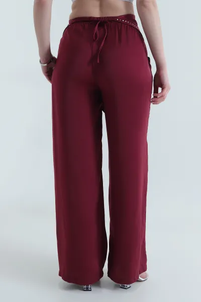 Bordo Taşlı Saten Kadın Pantolon  453919