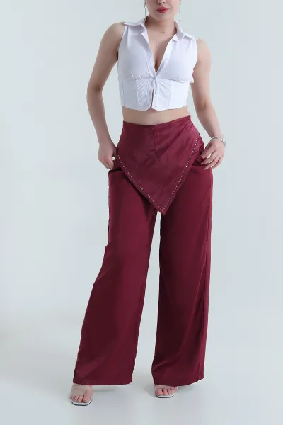 Bordo Taşlı Saten Kadın Pantolon  453919