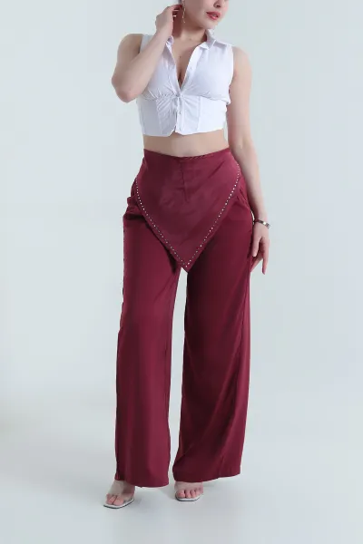Bordo Taşlı Saten Kadın Pantolon  453919