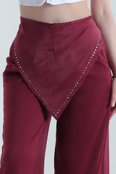 Bordo Taşlı Saten Kadın Pantolon  453919