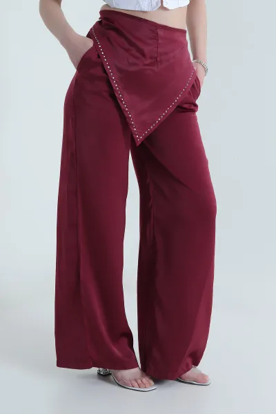 Bordo Taşlı Saten Kadın Pantolon  453919
