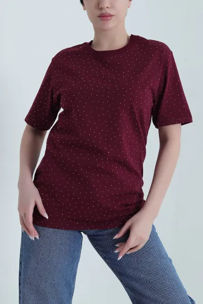Bordo Taşlı Süprem Kadın Tişört 446703