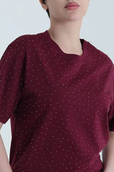 Bordo Taşlı Süprem Kadın Tişört 446703