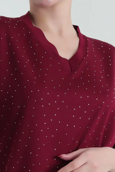 Bordo Taşlı Süprem Laser Kesim Kadın Tişört 432926