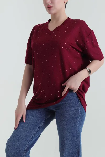 Bordo Taşlı Süprem Laser Kesim Kadın Tişört 432926