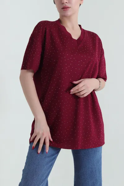 Bordo Taşlı Süprem Laser Kesim Kadın Tişört 432926