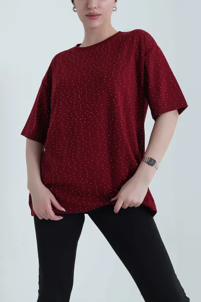 Bordo Taşlı Tasarım Kristal Kadın Tişört 448333