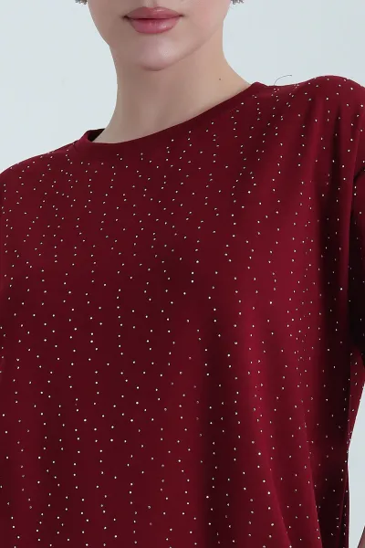 Bordo Taşlı Tasarım Kristal Kadın Tişört 448333