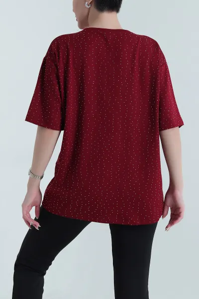 Bordo Taşlı Tasarım Kristal Kadın Tişört 448333
