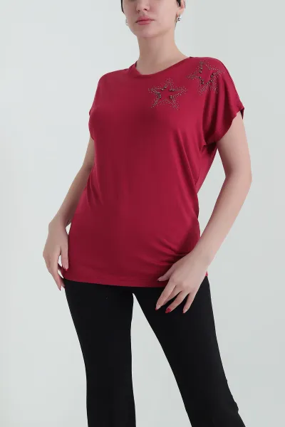 Bordo Taşlı Viskon Kadın Bluz 433802