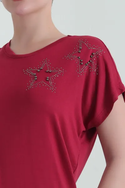 Bordo Taşlı Viskon Kadın Bluz 433802
