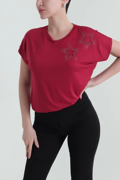 Bordo Taşlı Viskon Kadın Bluz 433802