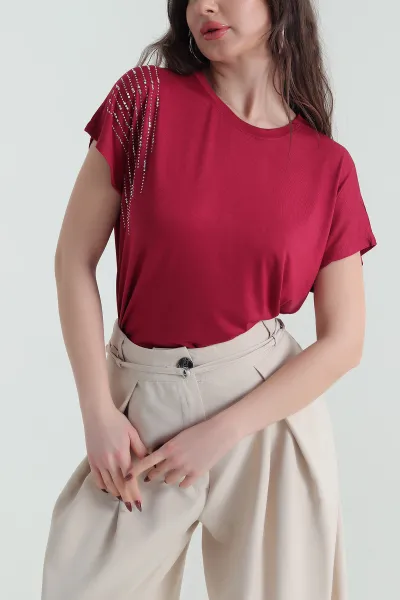 Bordo Taşlı Viskon Kadın Bluz 433872