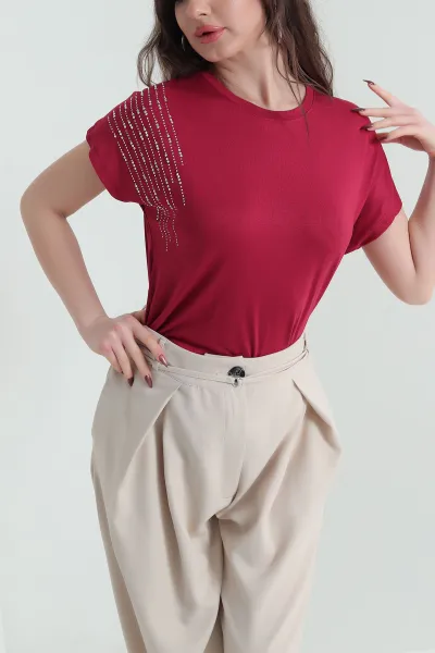 Bordo Taşlı Viskon Kadın Bluz 433872