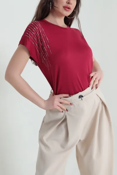 Bordo Taşlı Viskon Kadın Bluz 433872