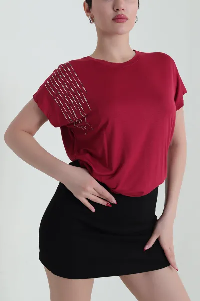 Bordo Taşlı Viskon Kadın Bluz 437583