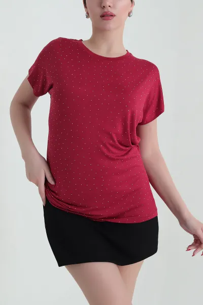 Bordo Taşlı Viskon Kadın Bluz 437698