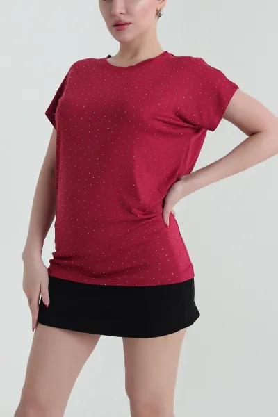 Bordo Taşlı Viskon Kadın Bluz 437698