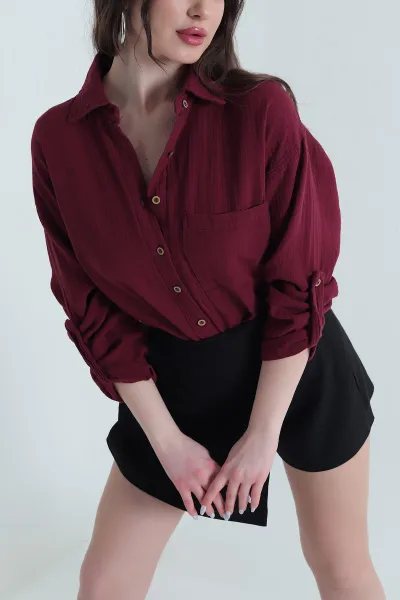 bordo-tek-cep-muslin-keten-kadin-gomlek-447613
