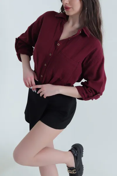 Bordo Tek Cep Müslin Keten Kadın Gömlek 447613