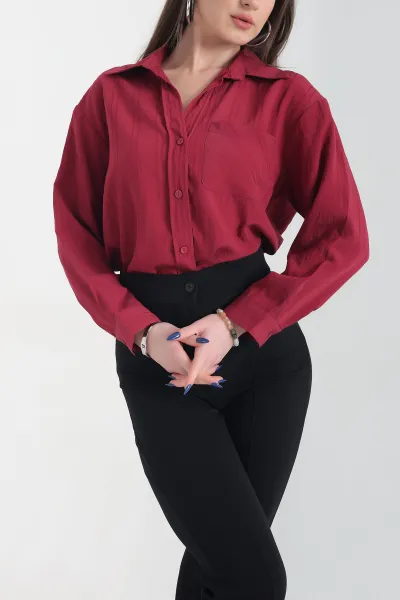 Bordo Tek Cep Tensel Dokuma Bayan Gömlek 337469