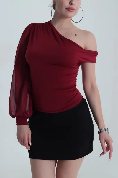 Bordo Tek Kol Şifon Kadın Bluz 486193