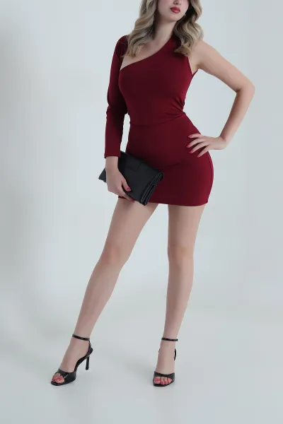 Bordo Tek Kollu Scuba Kadın Elbise 485453