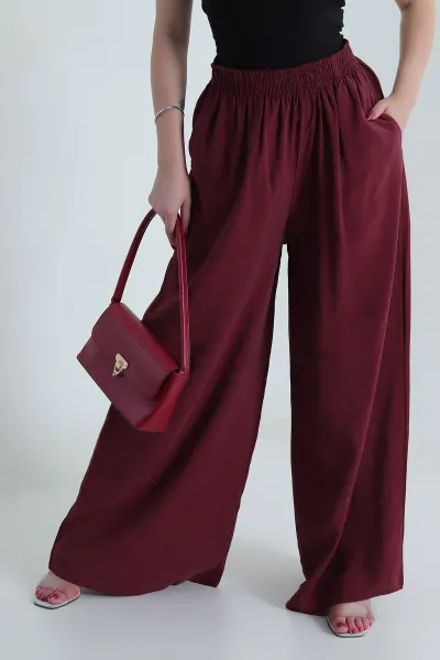 Bordo Tencel Bel Lastikli Kadın Pantolon 481026