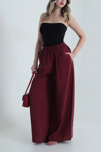 Bordo Tencel Bel Lastikli Kadın Pantolon 481026