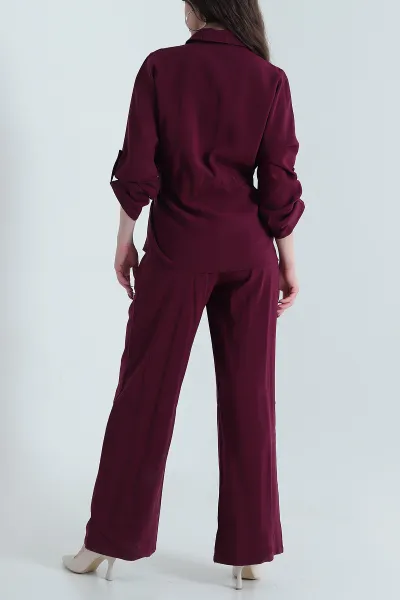 Bordo Tencel Fermuarlı Çift Cep Kadın İkili Takım 438457